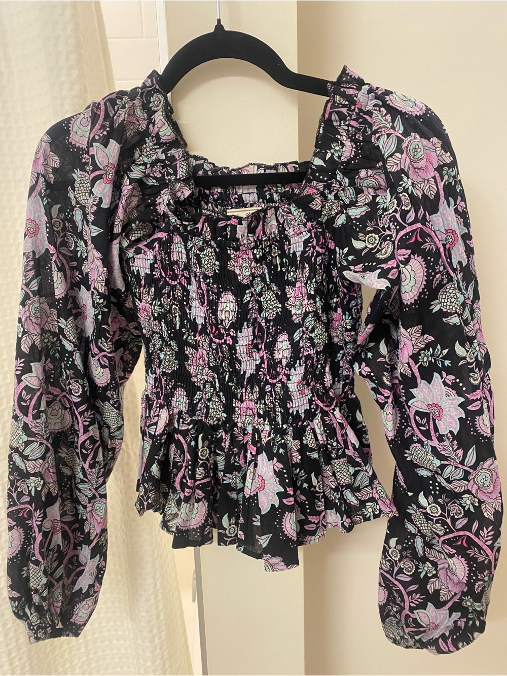 Smocked Floral Peasant Blouse in Black with Pink & Mint